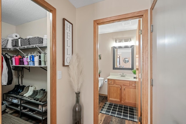 12828 43rd St NE, Saint Michael, MN 55376 - half bathroom featuring vanity, wood finished floors, toilet, and a textured ceiling