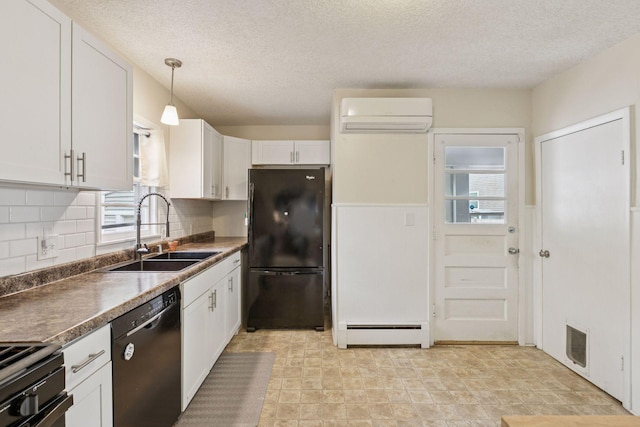 2005 Nokomis Ave, Saint Paul, MN 55119 - kitchen with black appliances, a sink, a baseboard radiator, a wall mounted air conditioner, and plenty of natural light