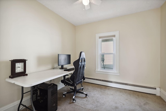 2005 Nokomis Ave, Saint Paul, MN 55119 - office area featuring a baseboard heating unit, carpet floors, a ceiling fan, and baseboards