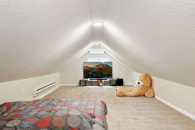 2005 Nokomis Ave, Saint Paul, MN 55119 - bedroom with a textured ceiling, vaulted ceiling, carpet floors, baseboards, and an AC wall unit