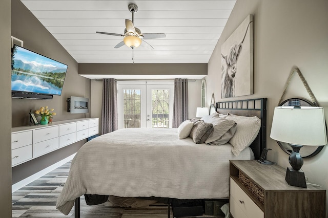 15657 Fish Point Rd SE, Prior Lake, MN 55372 - bedroom featuring access to outside, french doors, ceiling fan, and lofted ceiling