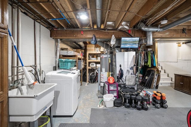 15657 Fish Point Rd SE, Prior Lake, MN 55372 - unfinished basement with gas water heater, a sink, separate washer and dryer, and concrete block wall