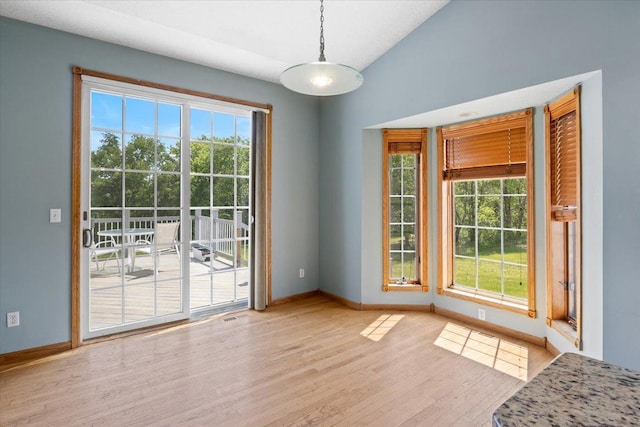 25809 Virgo St NE, Oxford Twp, MN 55079 - entryway featuring baseboards, light wood-type flooring, healthy amount of natural light, and vaulted ceiling