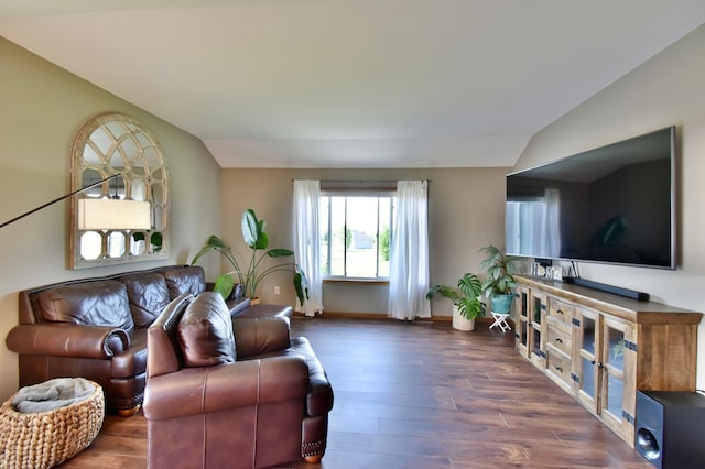 1756 34th St NE, Sauk Rapids, MN 56379 - living room featuring vaulted ceiling, wood finished floors, and baseboards