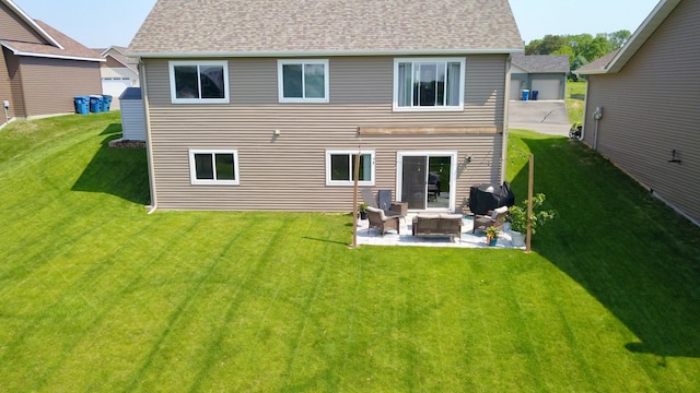 1756 34th St NE, Sauk Rapids, MN 56379 - back of house featuring an outdoor hangout area, a lawn, a patio, and a shingled roof