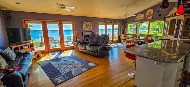 13155 Lake Sallie Dr, Lake View Twp, MN 56501 - living room featuring ceiling fan, wood finished floors, and lofted ceiling