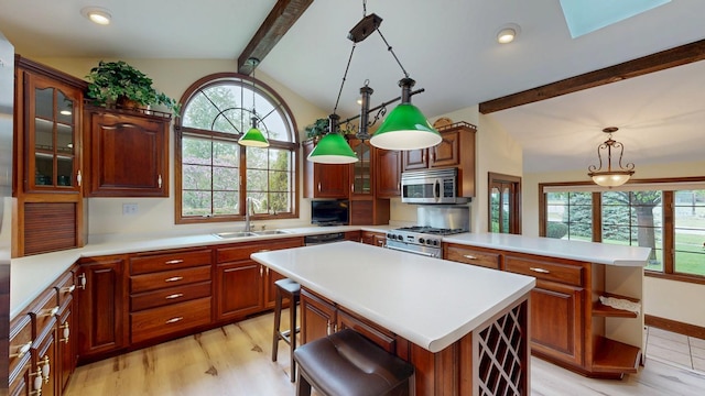 402 Main St, Racine, MN 55967 - kitchen featuring a sink, appliances with stainless steel finishes, a kitchen island, light countertops, and glass insert cabinets