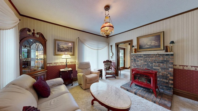 402 Main St, Racine, MN 55967 - living room featuring wallpapered walls, crown molding, a wood stove, carpet floors, and a textured ceiling
