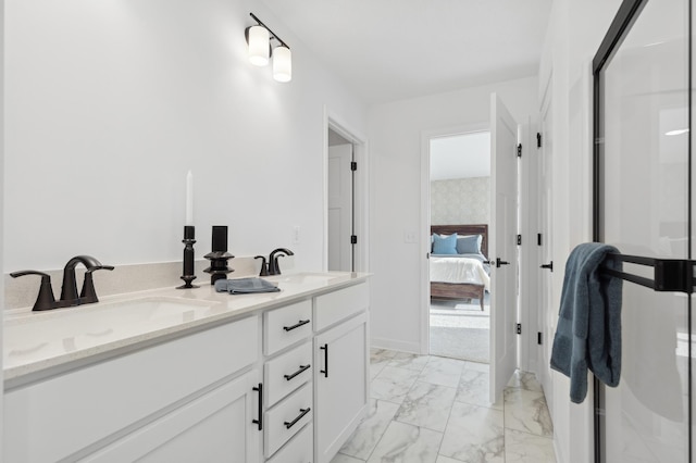 7572 Norway Ln, Lino Lakes, MN 55038 - ensuite bathroom featuring marble look tiles, a stall shower, and double vanity