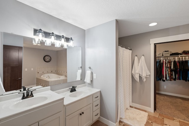 6339 140th Ave SE, Clear Lake, MN 55319 - bathroom with a garden tub, double vanity, curtained shower, a walk in closet, and a textured ceiling