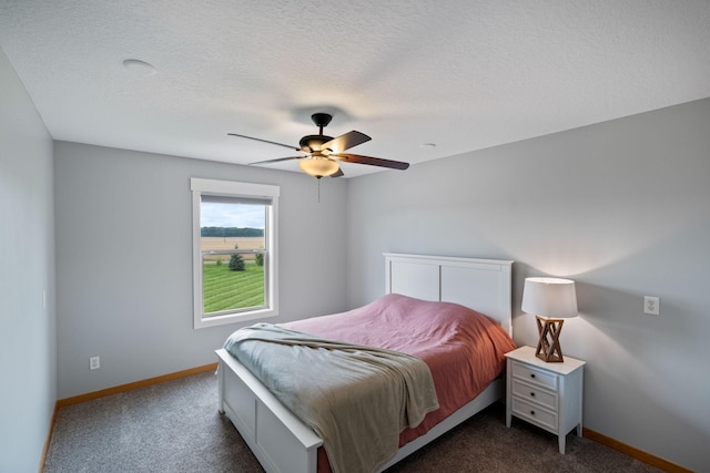 6339 140th Ave SE, Clear Lake, MN 55319 - bedroom with dark colored carpet, a ceiling fan, and a textured ceiling