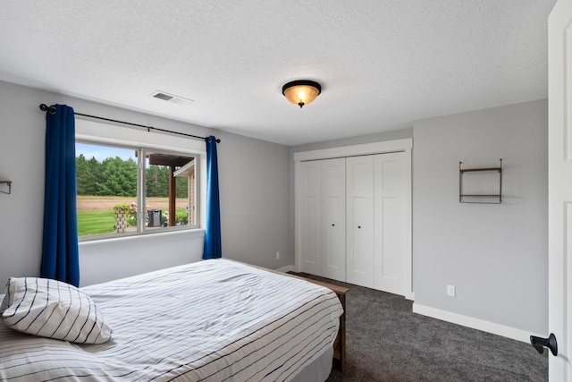 6339 140th Ave SE, Clear Lake, MN 55319 - bedroom featuring a textured ceiling, a closet, and dark colored carpet