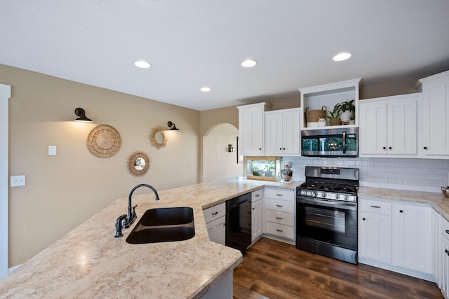 6339 140th Ave SE, Clear Lake, MN 55319 - kitchen featuring stainless steel appliances, a peninsula, open shelves, tasteful backsplash, and light stone countertops