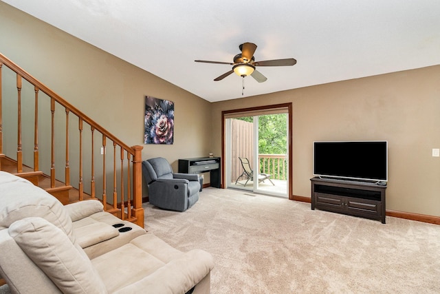 3514 Douglas Dr N, Crystal, MN 55422 - carpeted living area with ceiling fan and stairway