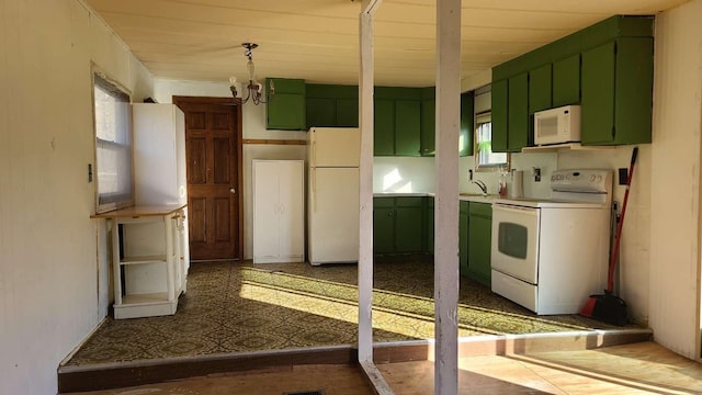 22088 380th Ave, Richardson Twp, MN 56338 - kitchen with green cabinetry, white appliances, wooden ceiling, tile patterned floors, and light countertops