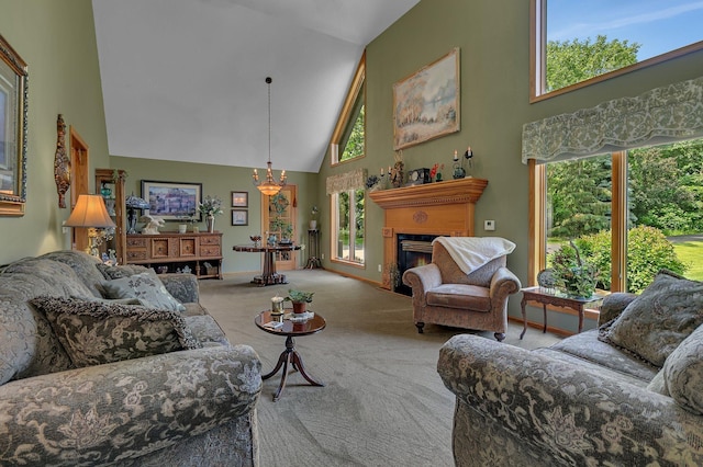 72959 235th St, Dassel, MN 55325 - carpeted living area with high vaulted ceiling and a fireplace with flush hearth
