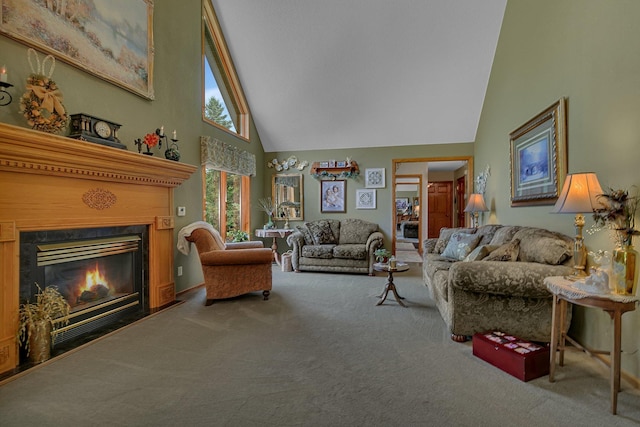 72959 235th St, Dassel, MN 55325 - carpeted living room with high vaulted ceiling and a fireplace with flush hearth