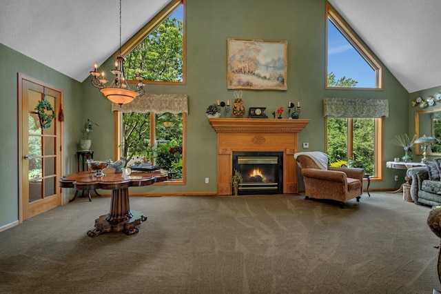 72959 235th St, Dassel, MN 55325 - carpeted living area featuring high vaulted ceiling and a glass covered fireplace
