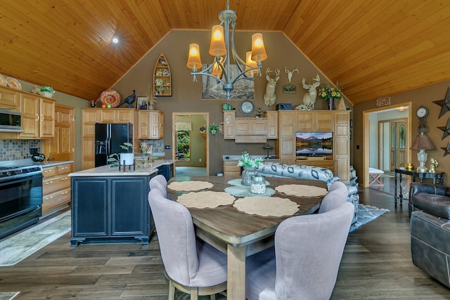 72959 235th St, Dassel, MN 55325 - dining room with a chandelier, wood ceiling, high vaulted ceiling, and wood finished floors