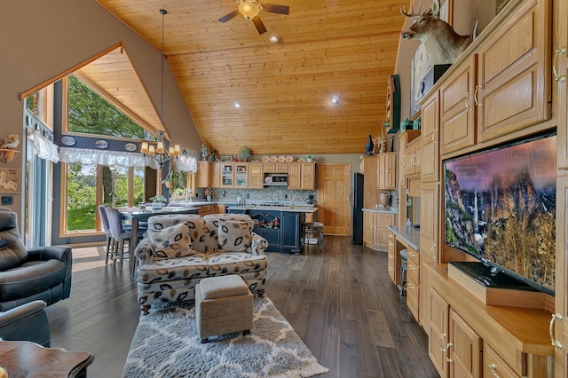 72959 235th St, Dassel, MN 55325 - living area featuring high vaulted ceiling, ceiling fan, wood ceiling, recessed lighting, and dark wood-style flooring