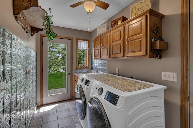 72959 235th St, Dassel, MN 55325 - laundry room with cabinet space, washer and dryer, a ceiling fan, and light tile patterned floors