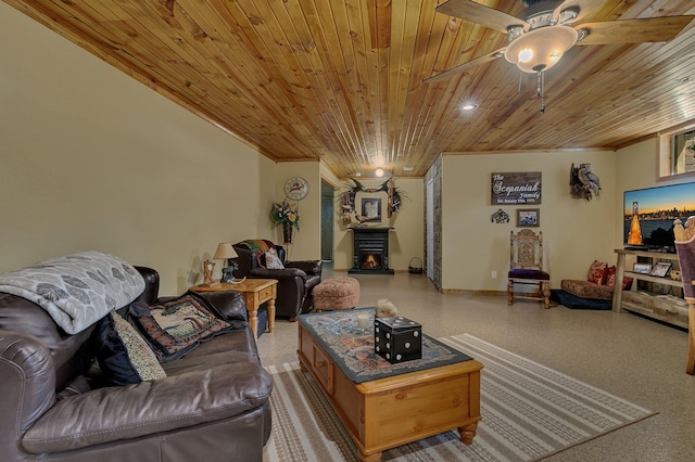 72959 235th St, Dassel, MN 55325 - living room with wood ceiling, a ceiling fan, ornamental molding, and a lit fireplace