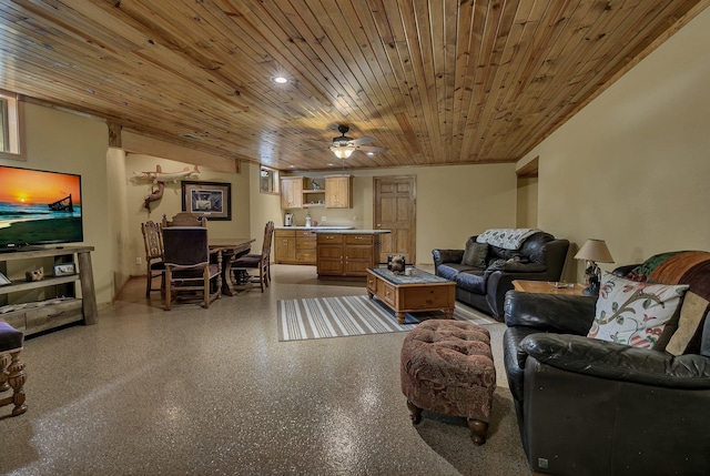 72959 235th St, Dassel, MN 55325 - living area with wooden ceiling, speckle patterned floor, and a ceiling fan
