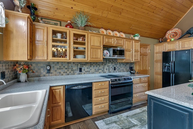 72959 235th St, Dassel, MN 55325 - kitchen featuring black appliances, decorative backsplash, dark wood finished floors, glass insert cabinets, and lofted ceiling