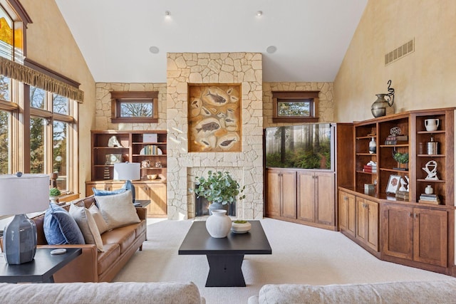 12159 Quail Avenue Ln N, Stillwater, MN 55082 - living room featuring high vaulted ceiling and a fireplace