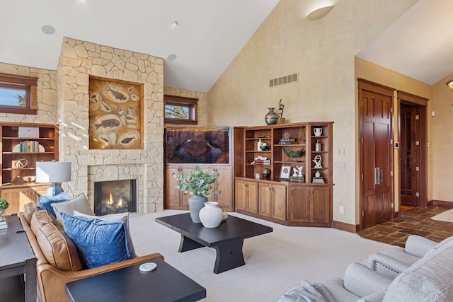 12159 Quail Avenue Ln N, Stillwater, MN 55082 - living room featuring baseboards, high vaulted ceiling, and a fireplace