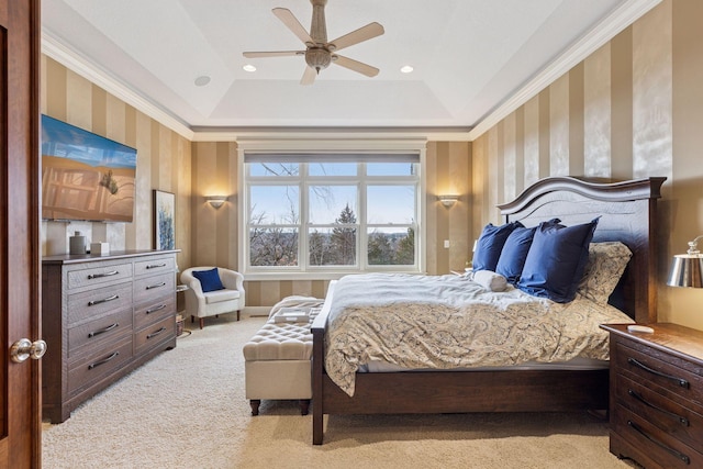 12159 Quail Avenue Ln N, Stillwater, MN 55082 - bedroom with a tray ceiling, light carpet, ceiling fan, wallpapered walls, and recessed lighting