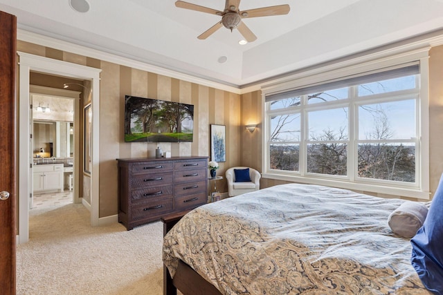 12159 Quail Avenue Ln N, Stillwater, MN 55082 - bedroom featuring multiple windows, light colored carpet, baseboards, wallpapered walls, and ensuite bath