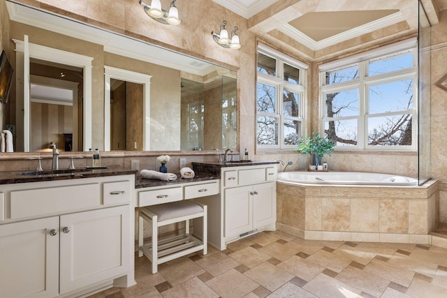 12159 Quail Avenue Ln N, Stillwater, MN 55082 - bathroom featuring ornamental molding, a garden tub, and vanity