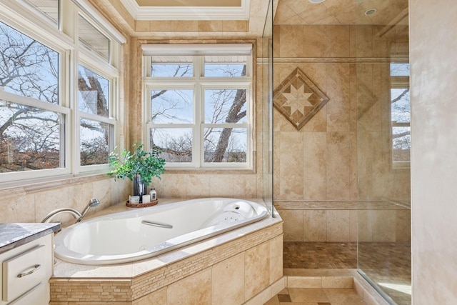 12159 Quail Avenue Ln N, Stillwater, MN 55082 - bathroom featuring a garden tub, crown molding, tiled shower, and vanity