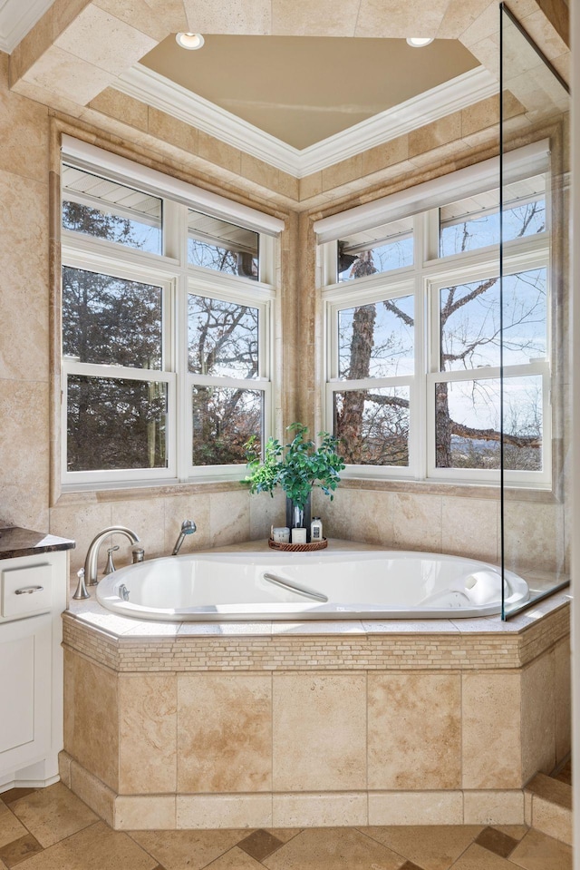 12159 Quail Avenue Ln N, Stillwater, MN 55082 - bathroom featuring ornamental molding and a bath