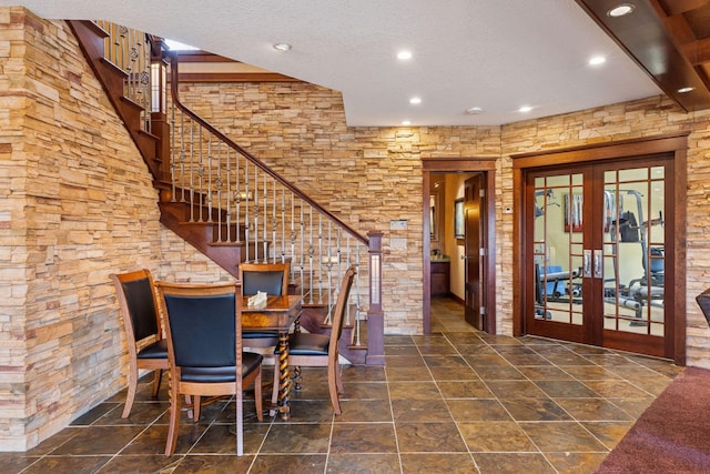 12159 Quail Avenue Ln N, Stillwater, MN 55082 - dining area featuring french doors, stairway, recessed lighting, and a textured ceiling