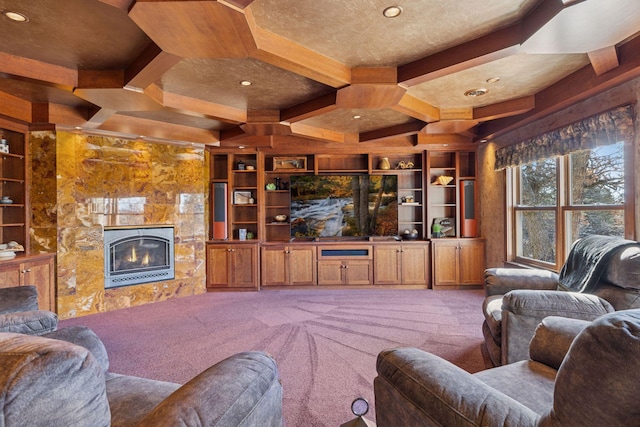 12159 Quail Avenue Ln N, Stillwater, MN 55082 - carpeted living room with coffered ceiling, a glass covered fireplace, built in features, beam ceiling, and recessed lighting