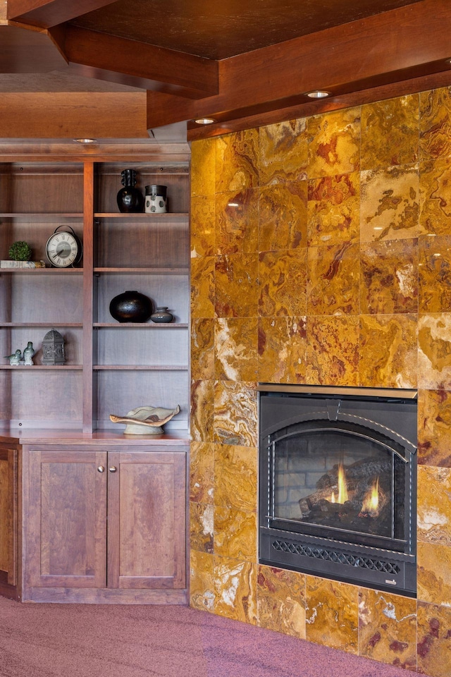 12159 Quail Avenue Ln N, Stillwater, MN 55082 - detailed view of a warm lit fireplace and beam ceiling