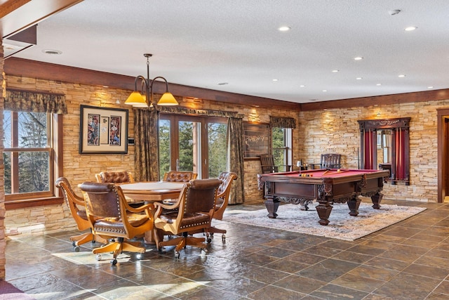12159 Quail Avenue Ln N, Stillwater, MN 55082 - game room with plenty of natural light, recessed lighting, billiards table, a textured ceiling, and stone tile flooring