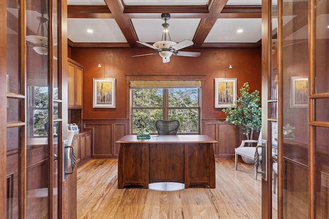 12159 Quail Avenue Ln N, Stillwater, MN 55082 - office featuring light wood finished floors, ceiling fan, beam ceiling, coffered ceiling, and a decorative wall