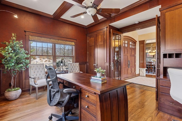 12159 Quail Avenue Ln N, Stillwater, MN 55082 - office space with light wood-style flooring, ceiling fan, a chandelier, beamed ceiling, and coffered ceiling