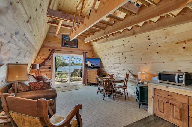 19663 County Road 9 NE, New London Twp, MN 56273 - living room featuring wooden walls and beamed ceiling