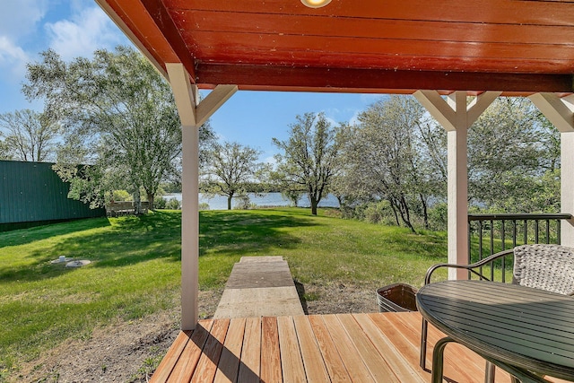 19663 County Road 9 NE, New London Twp, MN 56273 - wooden terrace with a water view and a lawn