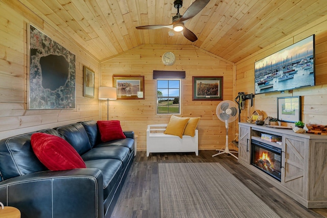 19663 County Road 9 NE, New London Twp, MN 56273 - living area with wood ceiling, lofted ceiling, wooden walls, a ceiling fan, and hardwood / wood-style flooring