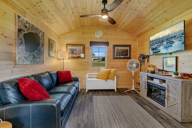 19663 County Road 9 NE, New London Twp, MN 56273 - living area featuring wood ceiling, vaulted ceiling, wooden walls, ceiling fan, and hardwood / wood-style floors