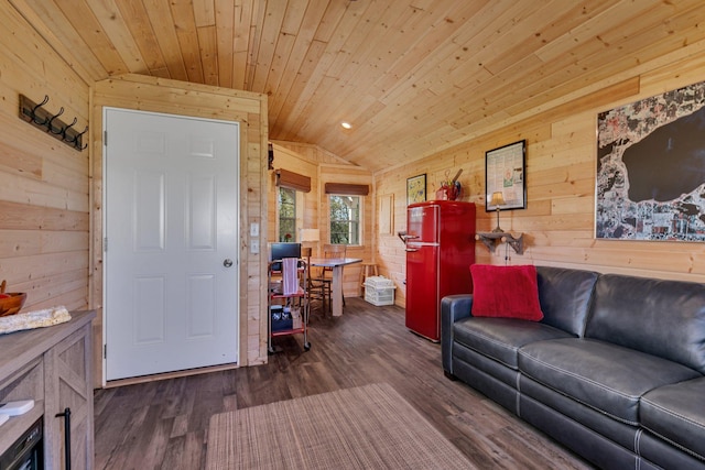 19663 County Road 9 NE, New London Twp, MN 56273 - living room with lofted ceiling, wooden walls, wood ceiling, and dark wood finished floors