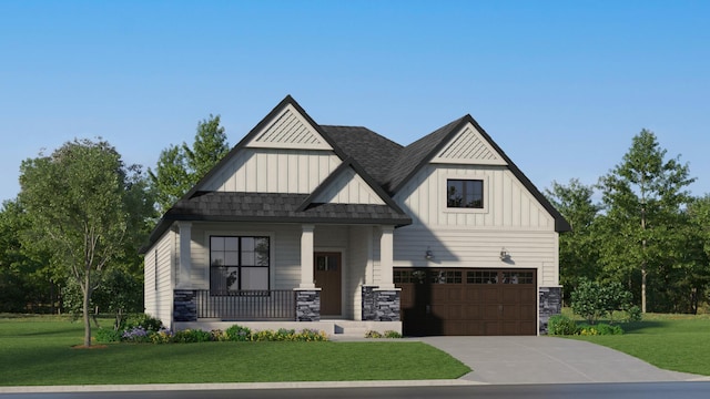 11452 Queens Ct N, Lake Elmo, MN 55042 - view of front of home featuring board and batten siding, stone siding, driveway, and covered porch