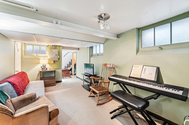 926 Bellows St, West Saint Paul, MN 55118 - living room with carpet, stairs, and electric panel