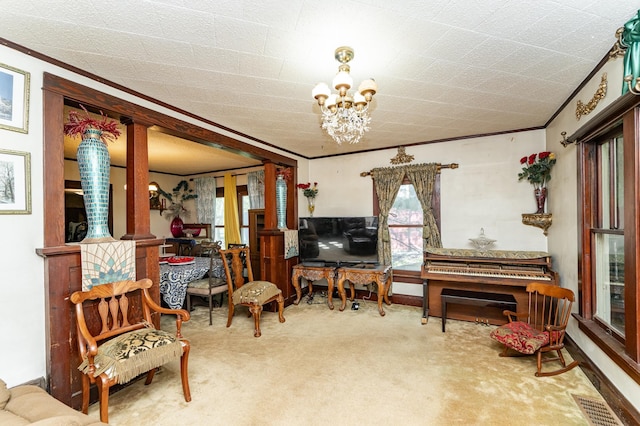 339 Cherry St E, Mazeppa, MN 55956 - sitting room featuring carpet flooring, ornamental molding, and a chandelier