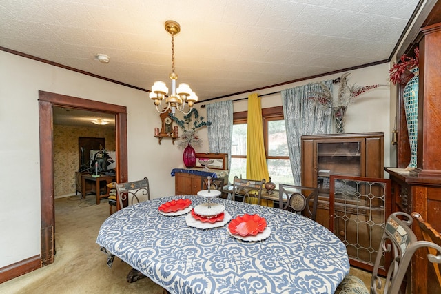 339 Cherry St E, Mazeppa, MN 55956 - dining space featuring ornamental molding, a chandelier, and carpet flooring